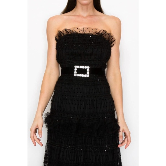 NWT Boutique Zina Black Strapless Tulle Tiered Maxi Gown - Picture 4 of 8